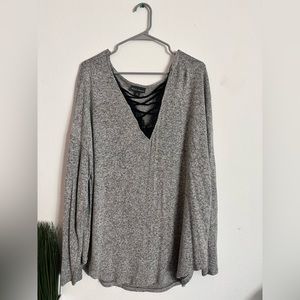 BOLD elements gray soft sweater with black lace detail